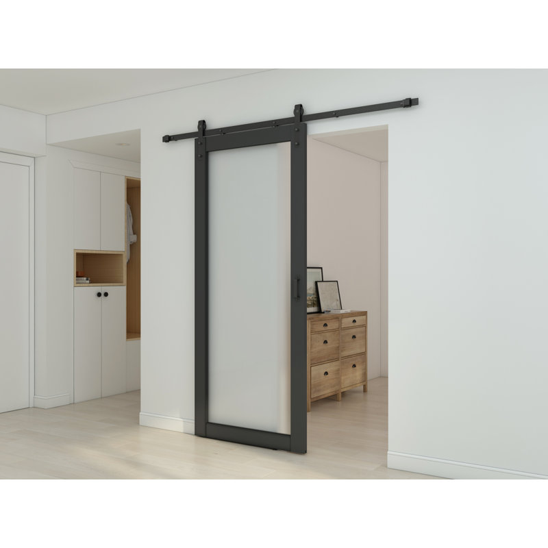 36-in x 84-in Black MDF Barn Door with Frosted Glass