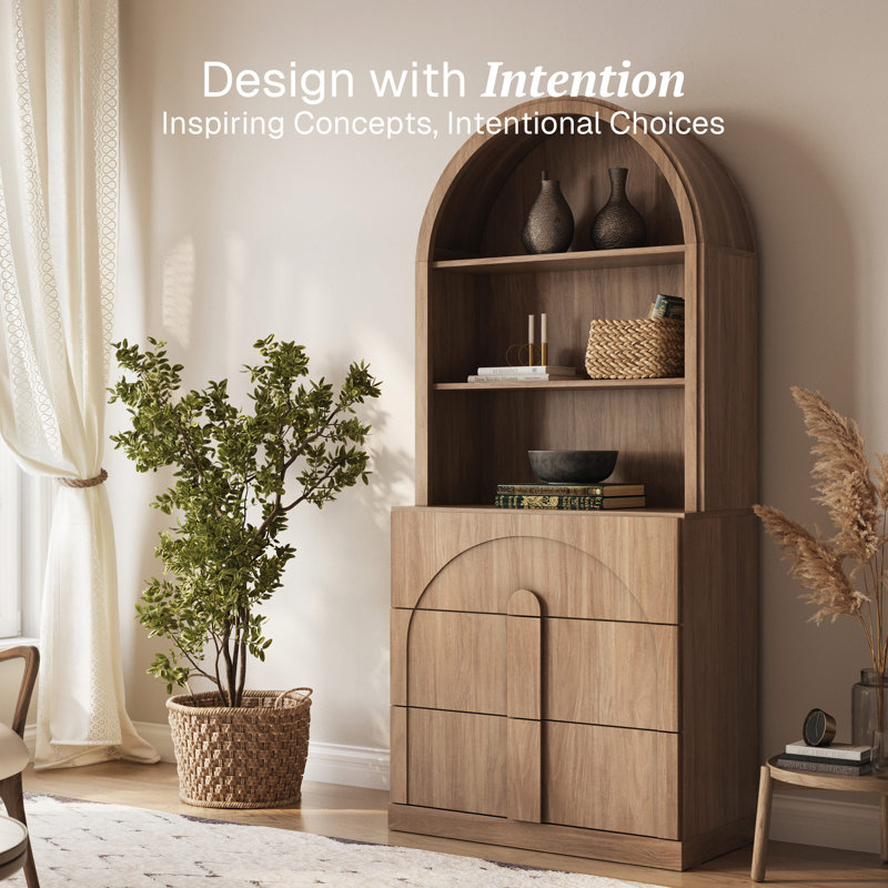 71" Tall Arched Bookshelf with 3 Drawers, Camel, Camel
