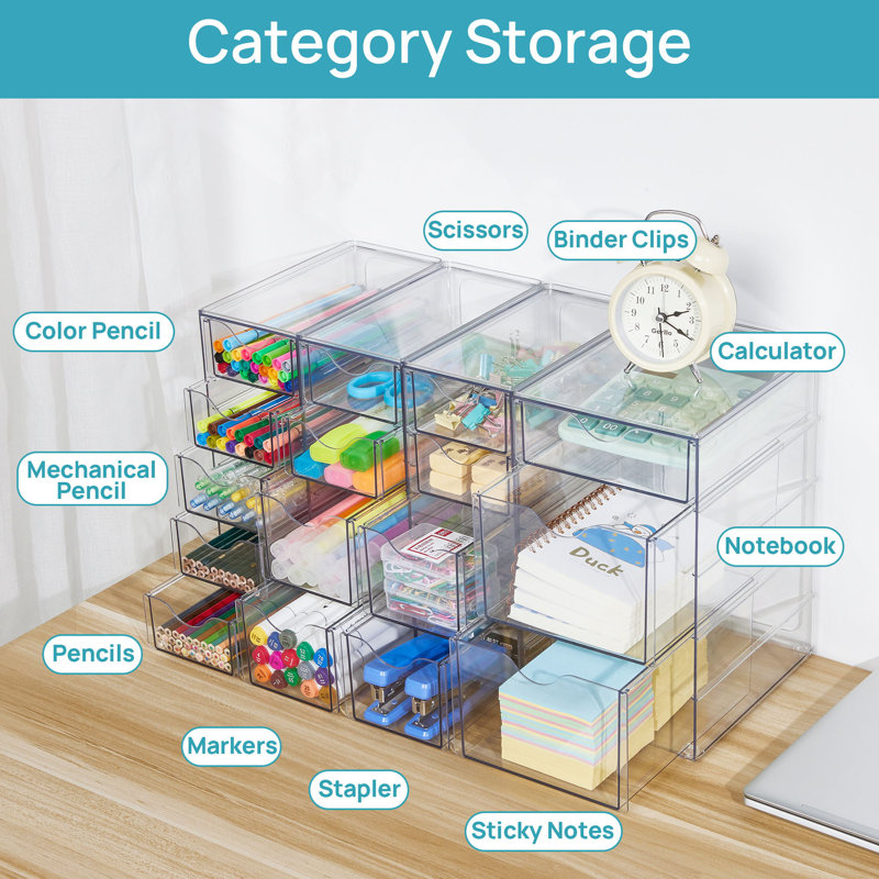 Organisateur en acrylique avec 16 tiroirs (4 ensembles), tiroirs de rangement transparents pour fournitures de bureau, rangement et rangement pour le maquillage, les bijoux et l'artisanat