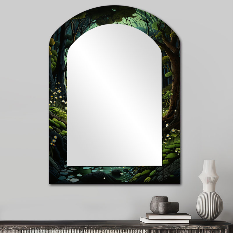 «Forest Enchanted Forest Pastoral I» - miroir décoratif à arche de forêt, miroir mural asymétrique vert, impression sur métal