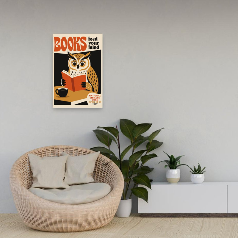 Affiche murale vintage représentant un hibou sage lisant un livre, style rétro, architecture de forêt., H 24 po x l 16 po