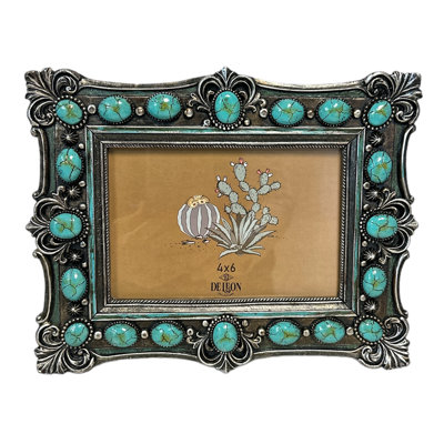 Polyresin Rustic Western Ornate Scrolls with Turquoise Beads 6” x 4” Standing Photo Picture Frame