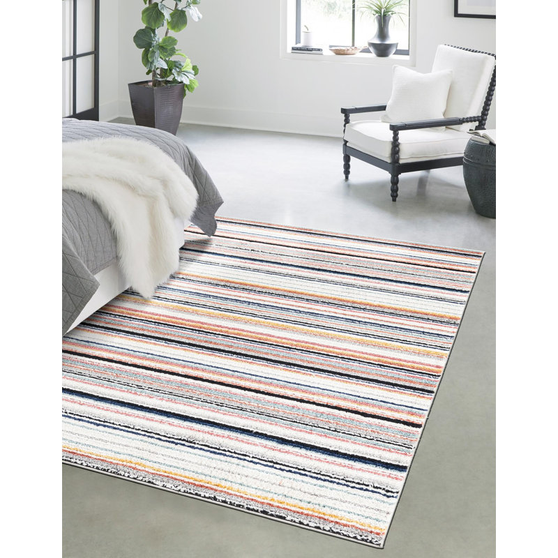 Tapis rayé bleu / orange / gris Prentice, Rectangle 6 pi x 9 pi