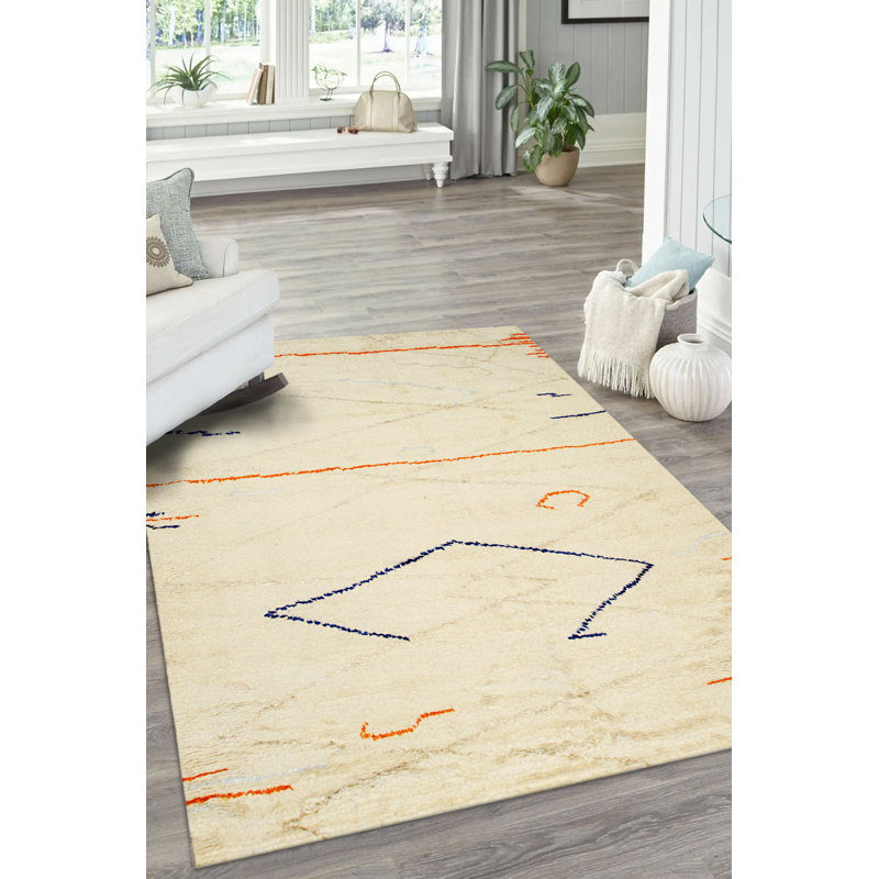 Tapis délicat beige en laine noué à la main marocain, Rectangle 6 pi x 9 pi