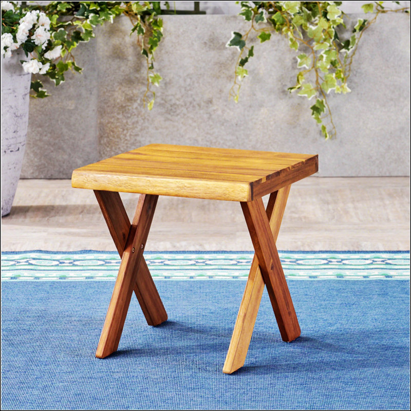 Rustic Sandblast Finished Acacia Wood Side Table With Classic Cross Base For Outdoor Use