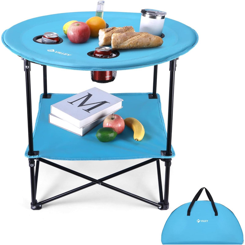 Table de camping pliante, table ronde à double couche légère avec 4 porte-gobelets et sac de transport, table de plage portable pour le camping, les voyages, la pêche et les activités de plein air