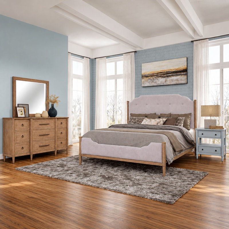 Lit tapissier Dana Heights avec placages Mindi - Lit à panneaux en tissu transitionnel, grand et très grand | Fait partie de la collection de chambre à coucher Dana Heights