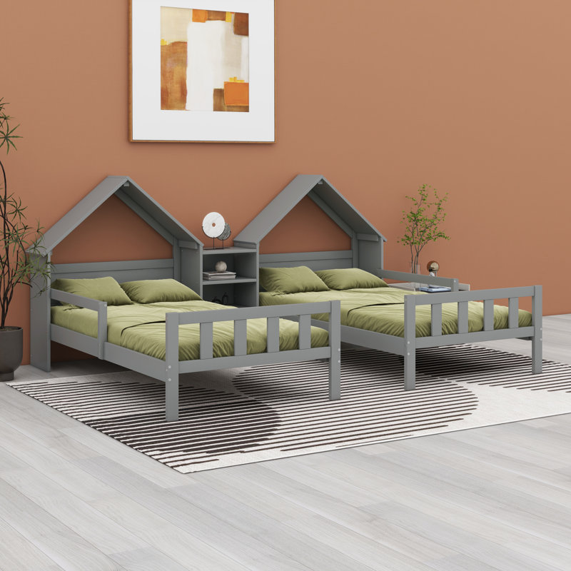 Lit plateforme en bois pour enfants avec tête de lit, pied de lit, tête de lit en forme de maison et table de chevet intégrée