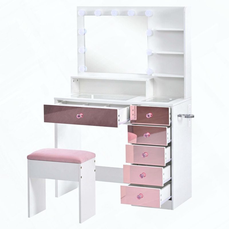 Bureau de coiffeuse avec plateau en verre, 11 ampoules Hollywood, tiroirs roses, tablettes et tabouret