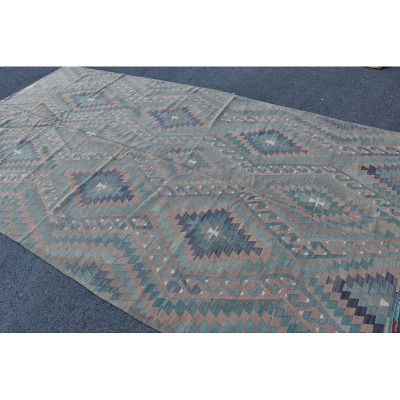 Tapis turc Oushak authentique avec motifs nomades et géométriques - orange / vert fait à la main