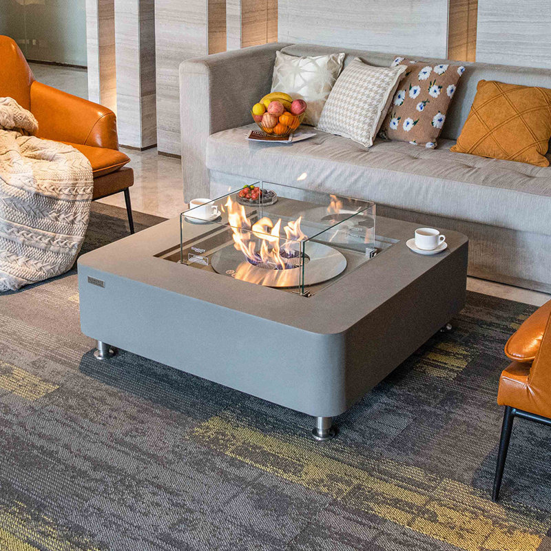 Brisseyda Square Concrete Bio-Ethanol Smokeless Fire Pit Table with Lid, Space Gray