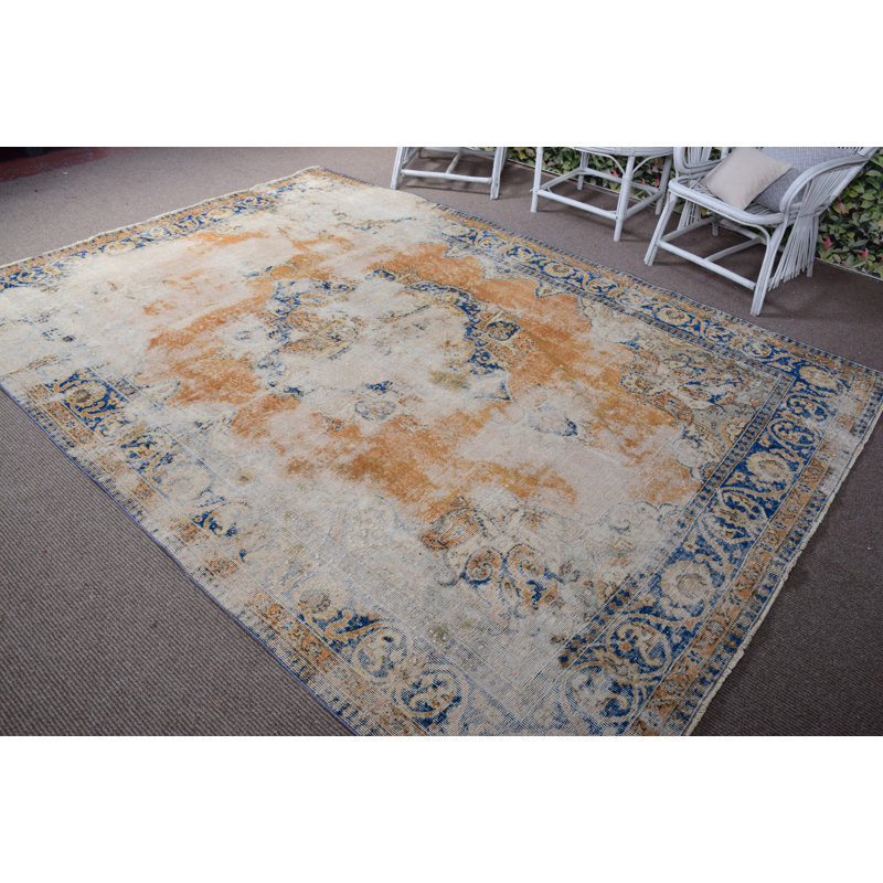 Tapis turc rétro orange pastel et bleu avec un design traditionnel délavé pour la décoration intérieure