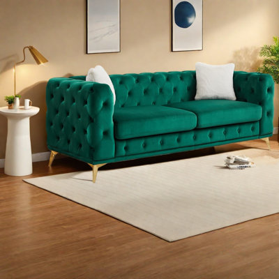 Compression Sofas, 82.5 Inch Green Velvet Modern Chesterfield For Home