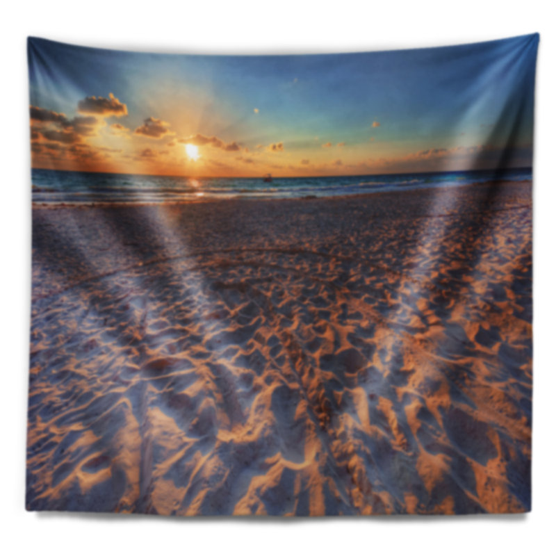 Trodden sandy beach à coucher de soleil avec accessoires suspendus en polyester mer de mer, H 68 po x l 80 po