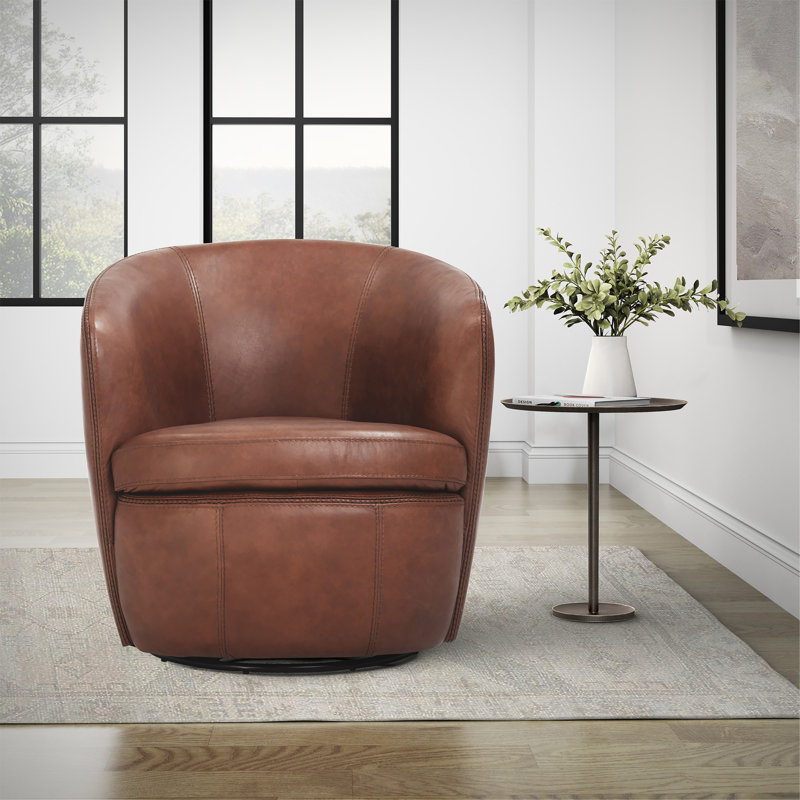 Fauteuil demi-tonneau pivotant 100% cuir italien Crandell, Cuir véritable rétro