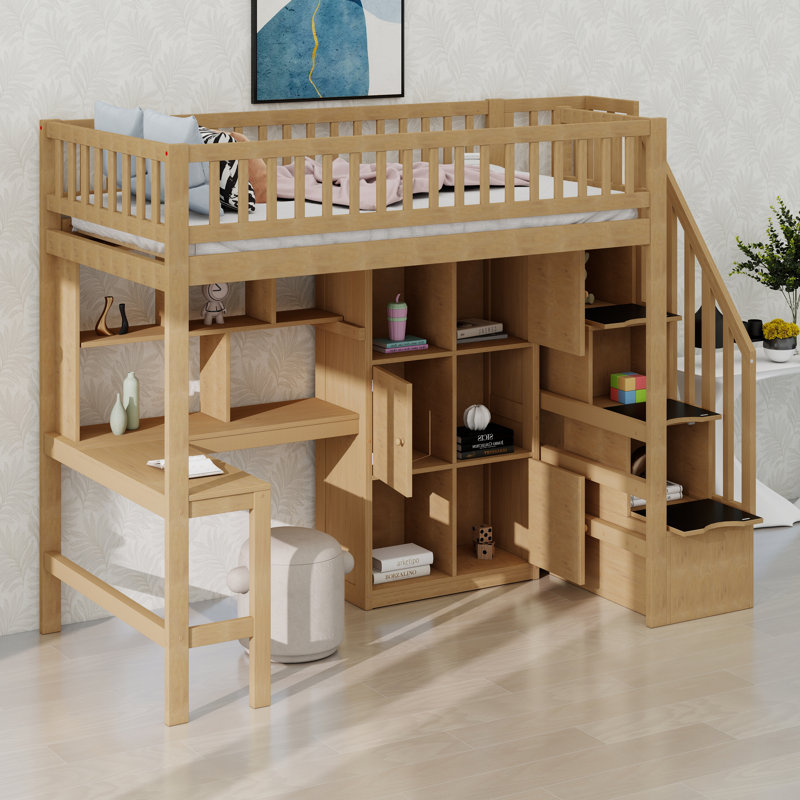Space-Saving Multifunctional Wooden Loft Bed Frame With Desk, Stairs, Bookshelf And Storage Drawers, Walnut