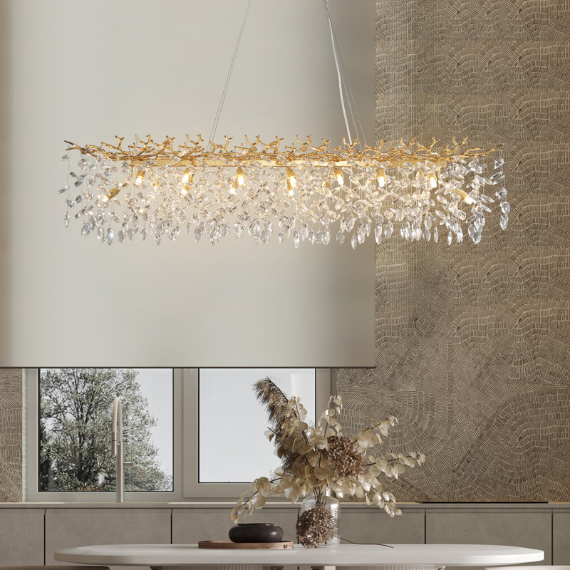 Modern K9 Raindrop Crystal Rectangular Tree Branches Chandeliers, Gold, 16" H x 16" W x 60" D, 16