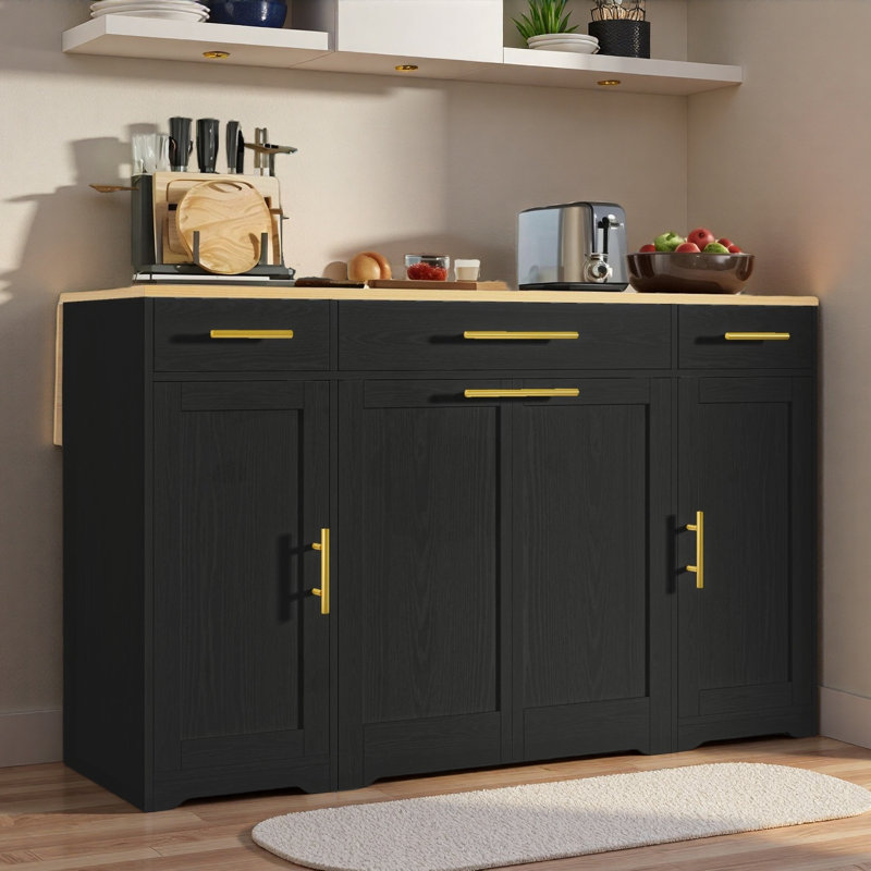 Kitchen Island With Trash Bin Cabinet & Drop Leaf, Mobile Cart With Drawers And Wood Countertop, Black