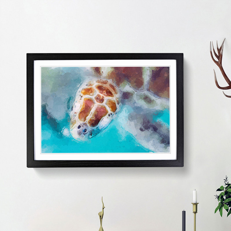 Green Sea Turtle in Abstract - Picture Frame Graphic Art Print, 62cm H x 87cm W x 2cm D, Black Framed