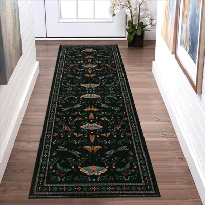 Insect Machine Washable Soft Area Rug for Living Room, Low Pile Non-Slip, Under Bed, Thin, 2'x6' Black Farmhouse Style.