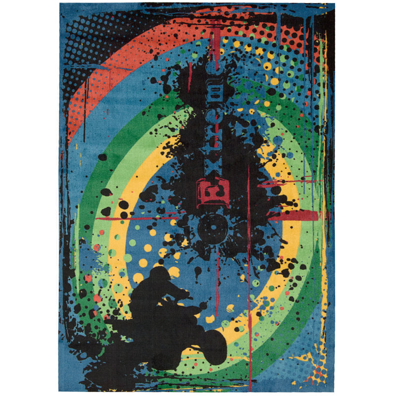 Manny Graphic Print Tufted Blue/Yellow/Black Area Rug, Rectangle 5' x 7'