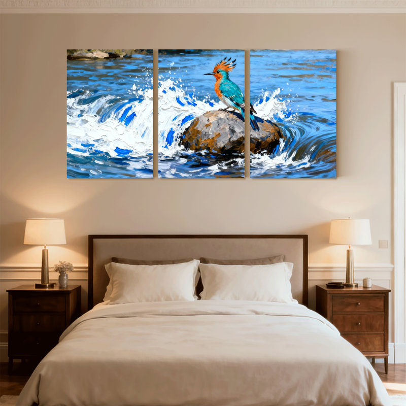«Birds Colorful Bird On Rock In Water Splash», ensemble de 3 impressions sur toile, H 18 po x l 36 po