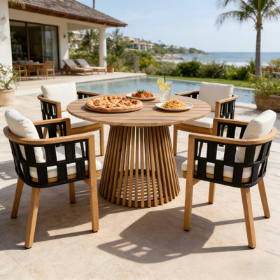 Annen Patio 5-Piece Acacia Wood Dining Set With Pedestal Slat Table & Cushions