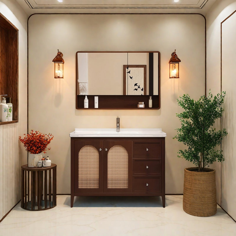 Meuble-lavabo autoportant en bois d'hévéa massif 39,76 po avec armoire à miroir intelligente, 40"