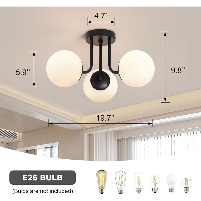 Matte Black 3-Light Semi Flush Mount Ceiling Fixture with Milk Glass Globes