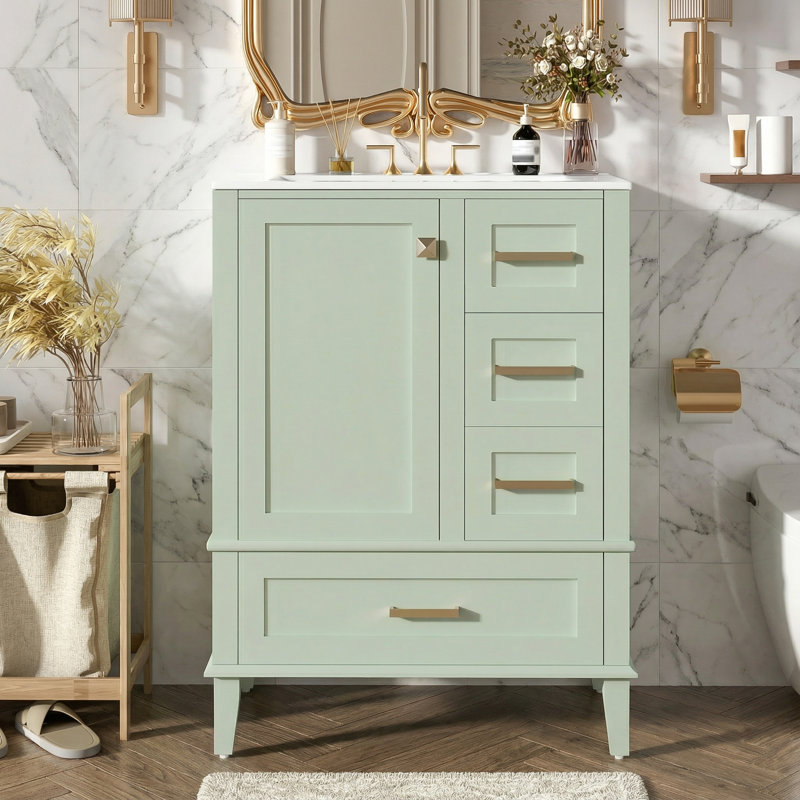 24.8" Modern Freestanding Bathroom Vanity With Ceramic Sink, Soft-Close Door & 3 Drawers For Efficient Storage – Epa/Upc Certified