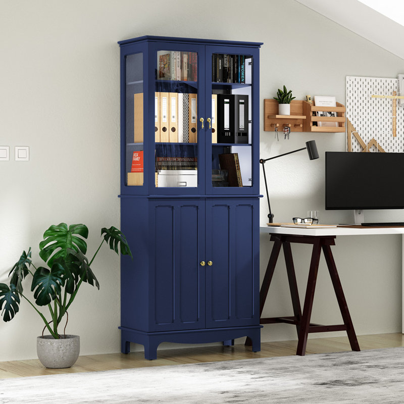 Ellerby 72" Freestanding Kitchen Pantry with Glass Doors and Adjustable Shelves, Blue
