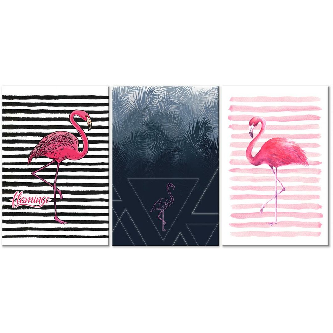 3-tlg. Leinwandbilder-Set Flamingos