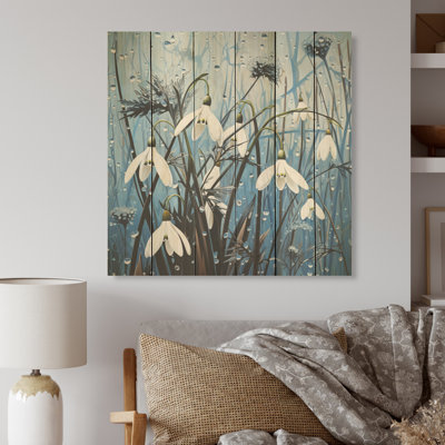 Minimalisme bleu et blanc fleur de neige I - Snowdrops, art sur bois de pin naturel