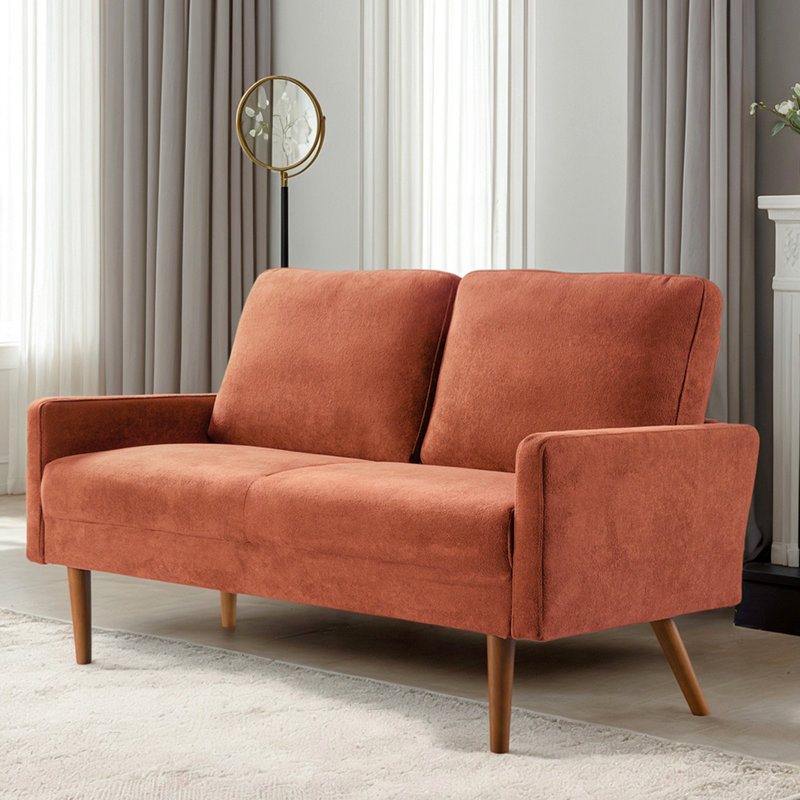 European Style Velvet Loveseat Sofa with Sleek Design, Pumpkin Orange