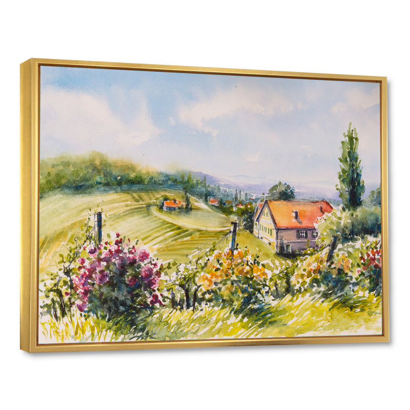 Petite maison dans la campagne verte - Peinture sur toile, H 34 po x l 44 po x P 1,5 po, Cadre flottant doré