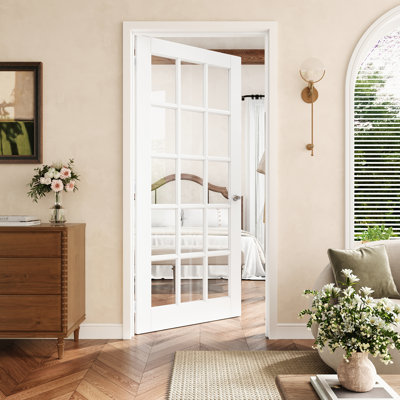 Porte pré-suspendue 32 po x 80 po en verre transparent de 15 po avec charnières argentées, plaque de porte en verre transparent avec cadre, porte intérieure comme porte de garde-manger, porte de chambre à coucher, porte de buanderie, portes de placard, portes de pièce, main gauche