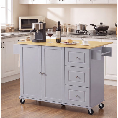Îlot de cuisine à roulettes gris et bleu de 52,7 po avec abattant, armoire de rangement, 3 tiroirs, porte-épices, porte-serviettes et roulettes verrouillables K&K