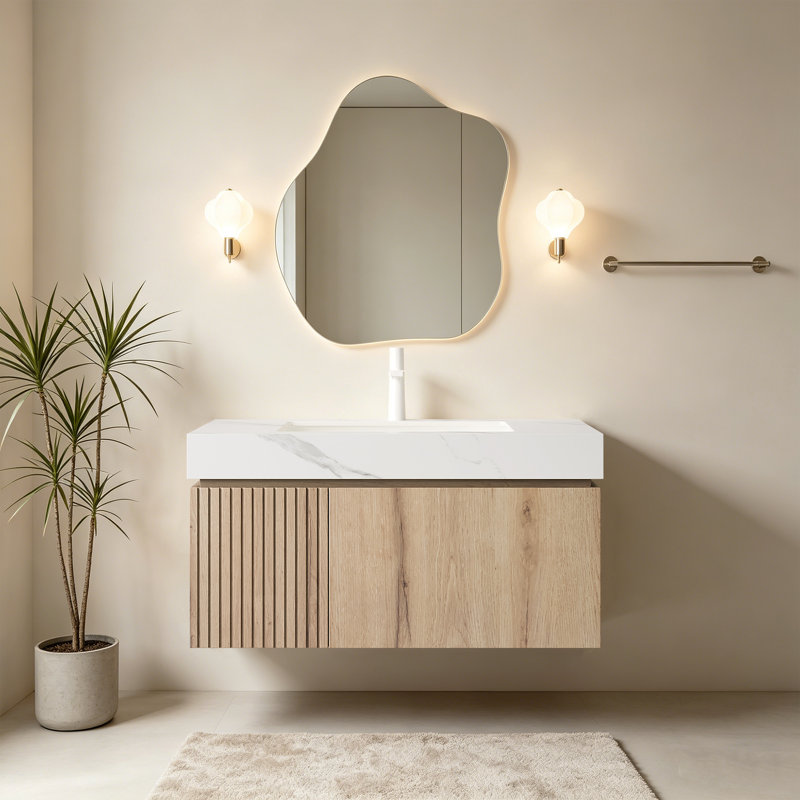 Meuble-lavabo de salle de bain luxueux en pierre frittée Mid-Century