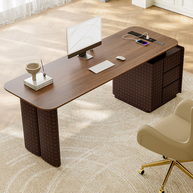 Bureau rectangulaire à 3 tiroirs en bois manufacturé brun noisette + brun, H 29,53 po x l 78,74 po x P 27,56 po