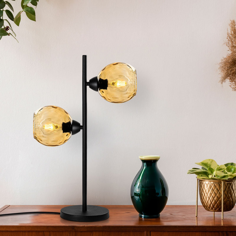 Industrial Metal Table Lamp, Black Finish, 14.2 x 7.1 x 22.8 inches | Glass Cap, Ø5.9 inches Base Plate, 2 x E27 Max 40W Socket (Bulb Not Included) | Stylish Lighting for Modern Home Décor, IP20 Rated