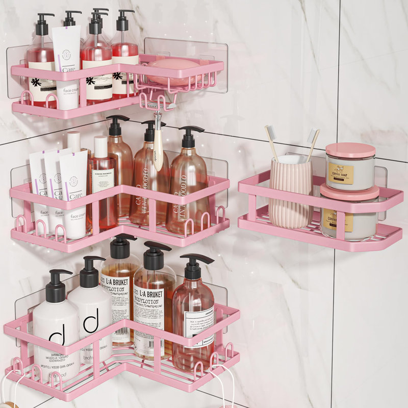 Ensemble de 4 pots de douche de coin adhésifs avec porte-savon, Rose