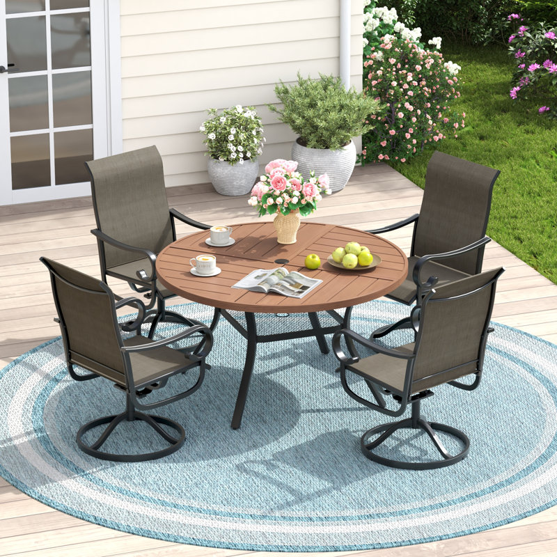 Aldreda With Swivel Textilene Chairs, Brush Wood Brown/Black/Brown