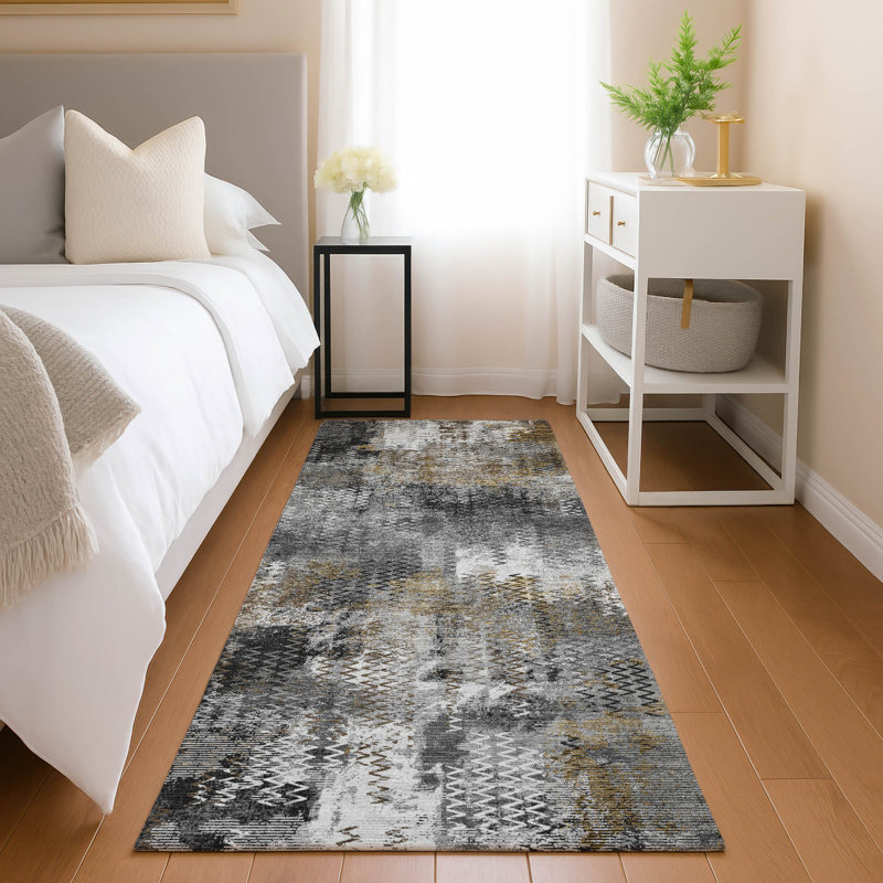Tapis abstrait lavable à la machine intérieur / extérieur ACN2790, Gris, Tapis de couloir 2 pi 3 po x 7 pi 6 po
