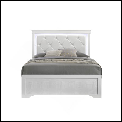 Lit rembourré de style moderne Blaze avec tête de lit à DEL et bois blanc
