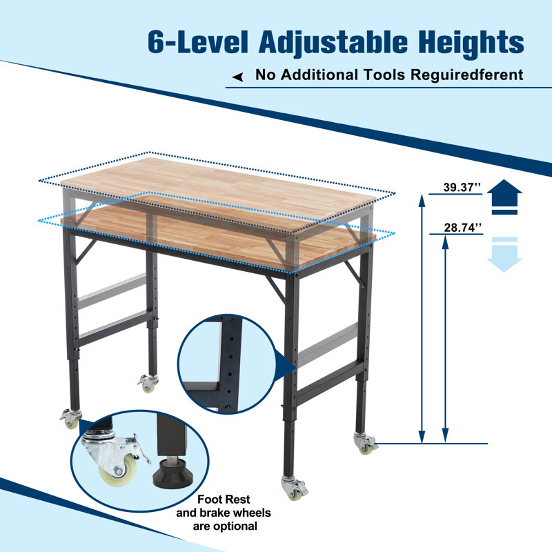 Établi robuste 48 po pour atelier avec table en bois d'hévéa et roues en métal