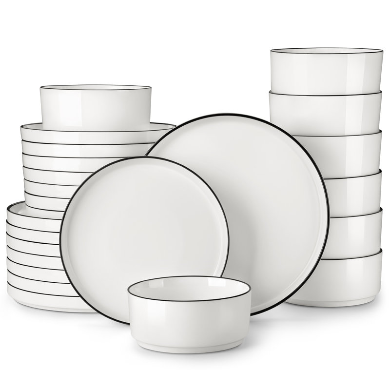 Piece Porcelain China Dinnerware Set - Service for 8, White/Black