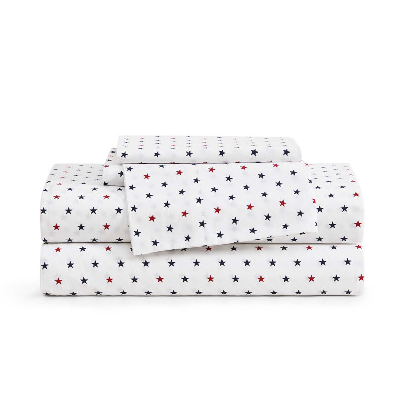 Tommy Hilfiger Printed Percale Cotton Sheet Set, King Sheet Set with 2 Pillowcases, Daystar Blue