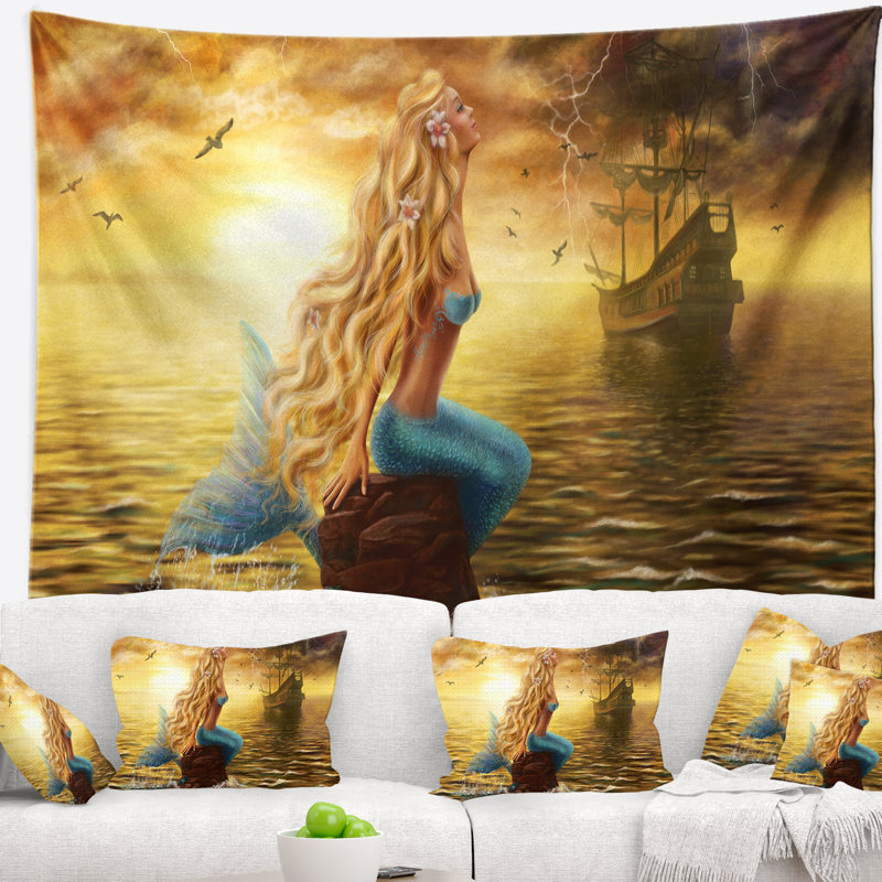 Tapisserie «Seascape Sea Mermaid with Ghost Ship», H 32 po x l 39 po