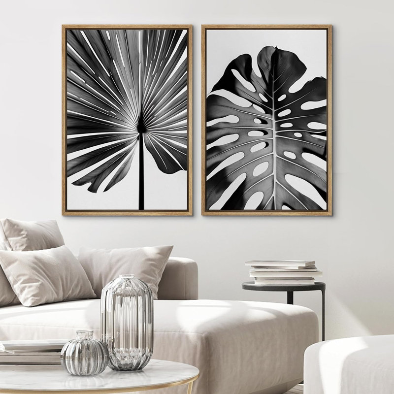 Reproduction de feuilles tropicales noires et blanches Monstera Jungle, H 36 po x l 48 po x P 1,5 po, Cadre naturel flottant