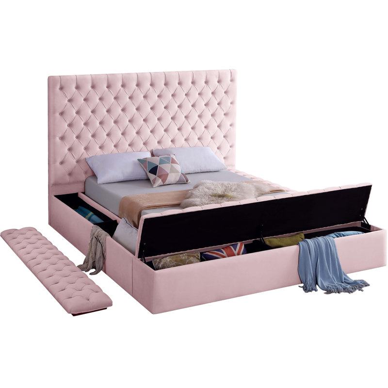 Lit plateforme tapissier avec rangement Johnnay, Double, Velours rose